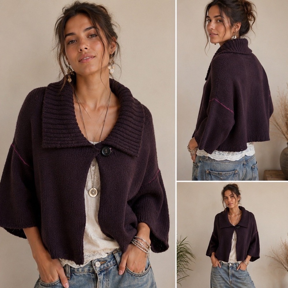 Free People Oversized Chunky Knit Cocoon Cardigan Shawl Collar Sweater Plum Boho